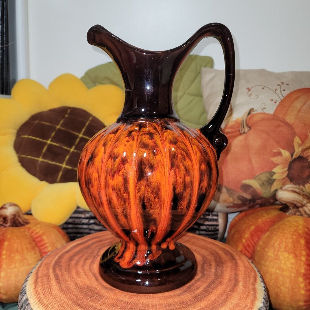EVANGELINE Vintage MCM Pottery Brown & Orange Water Pitcher, Cream & Sugar Set - Picture 3 of 13